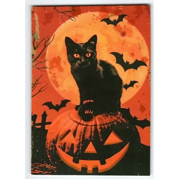 Vintage Halloween Postcard Black Cat on Jack-o'-Lantern Full Moon - Picture 1 of 2